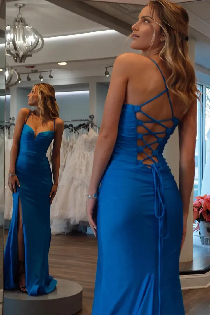 Glamorous Mermaid Sweetheart Spaghetti-Strap Sleeveless Lace-Up Floor-Length Prom dresses