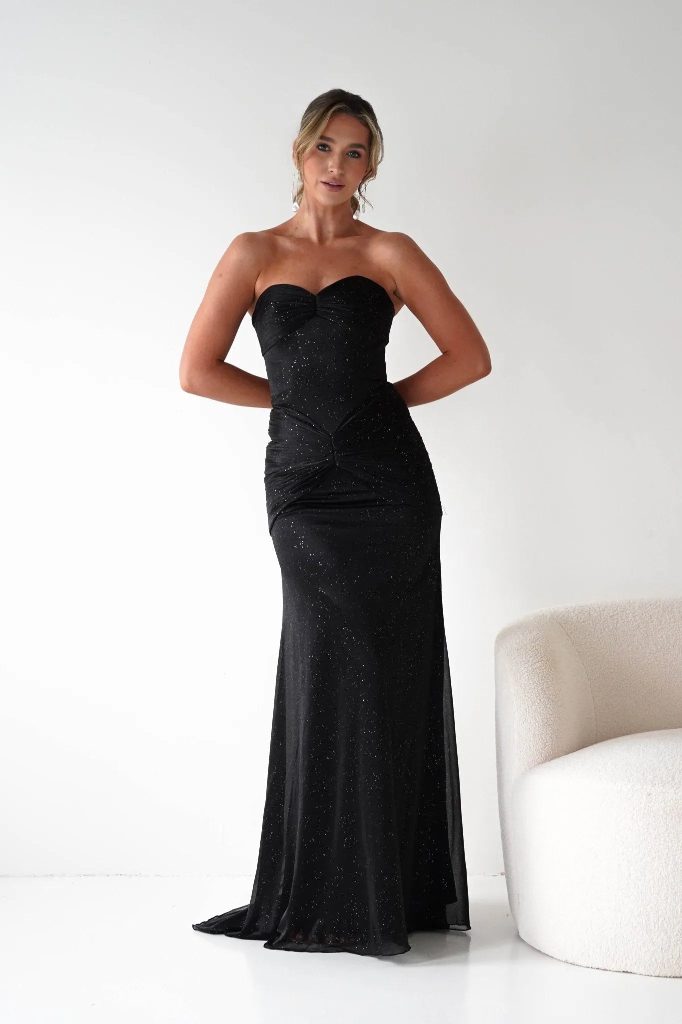 Glamorous Mermaid Sweetheart Strapless Glitter-Bodice Floor-Length Formal Prom Dresses