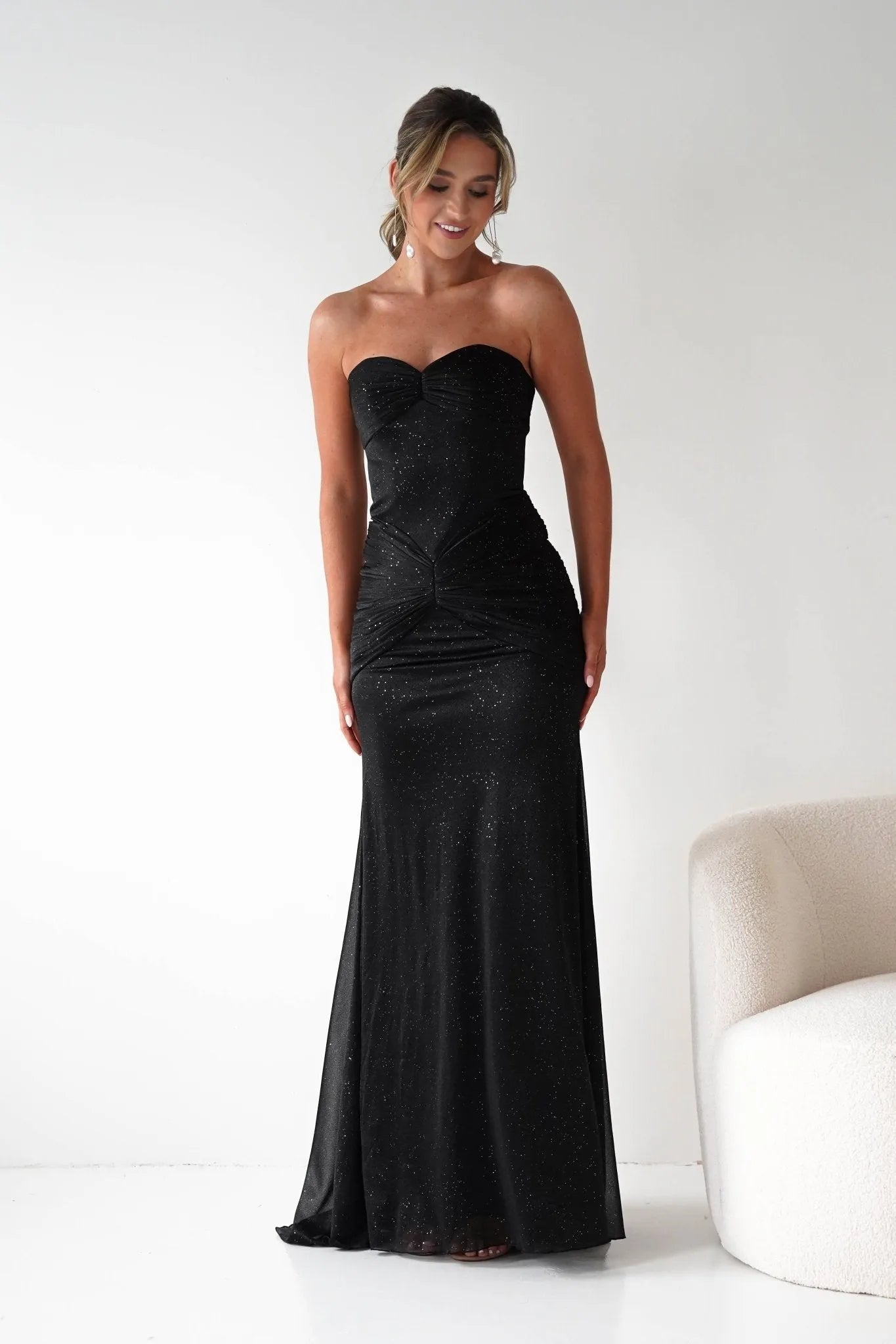 Glamorous Mermaid Sweetheart Strapless Glitter-Bodice Floor-Length Formal Prom Dresses