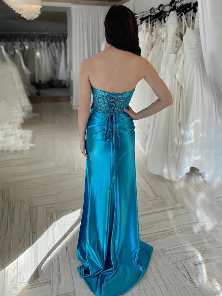 Glamorous Mermaid Sweetheart Strapless Lace-Up Back Floor-Length Prom Dresses