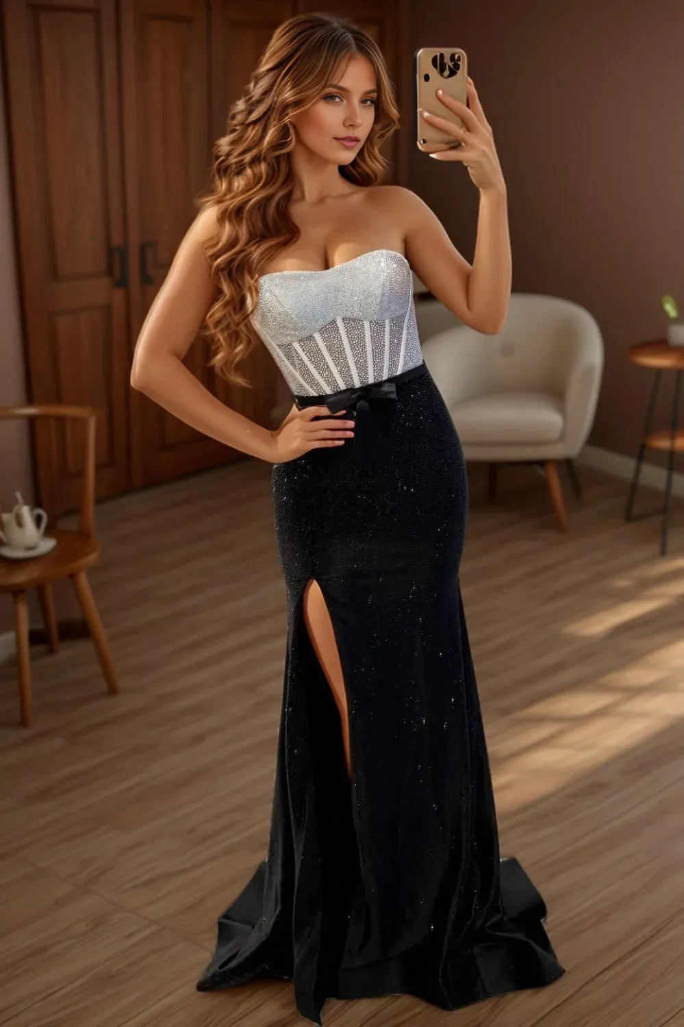 Glamorous Mermaid Sweetheart Strapless Sequin Back Zip Satin Slit Floor-Length Prom Dress With Beading