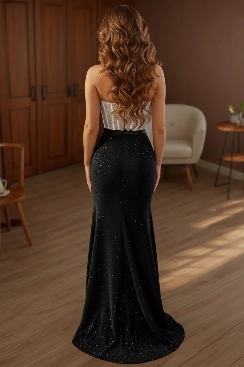 Glamorous Mermaid Sweetheart Strapless Sequin Back Zip Satin Slit Floor-Length Prom Dress With Beading