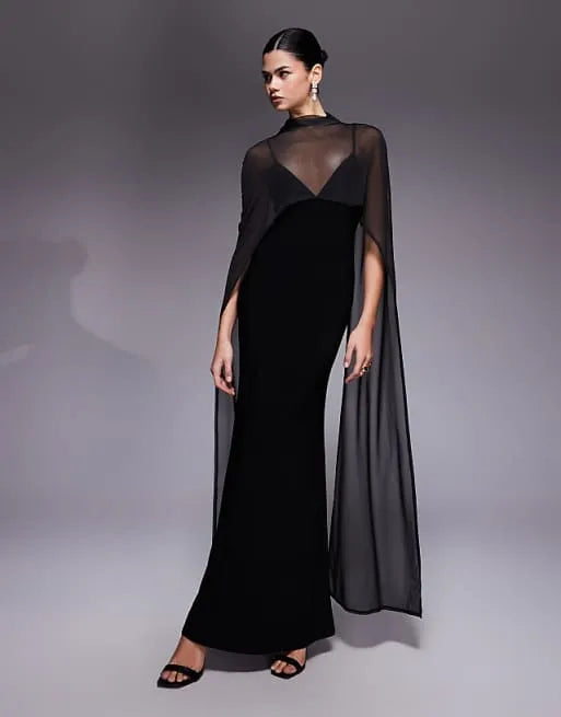 Glamorous Mermaid V-Neck Cape-Sleeve Open-Back Floor-Length Evening Dresses