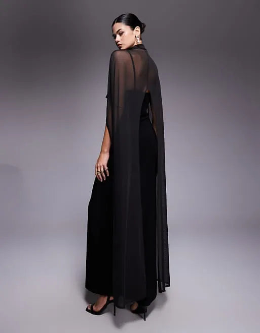 Glamorous Mermaid V-Neck Cape-Sleeve Open-Back Floor-Length Evening Dresses
