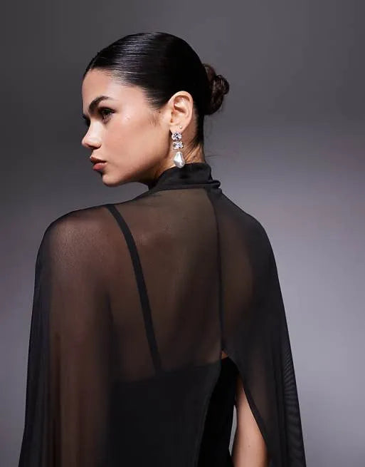 Glamorous Mermaid V-Neck Cape-Sleeve Open-Back Floor-Length Evening Dresses