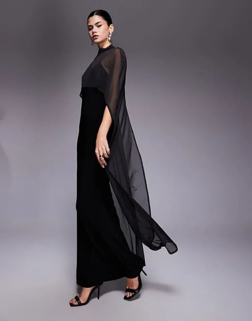 Glamorous Mermaid V-Neck Cape-Sleeve Open-Back Floor-Length Evening Dresses