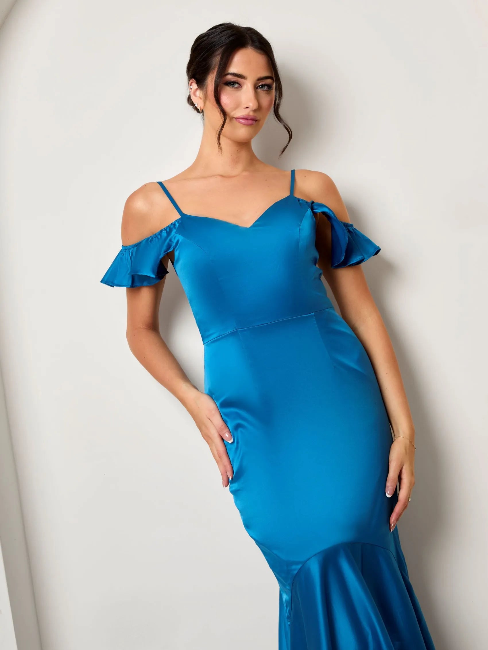 Glamorous Mermaid V-Neck Ruffle-Sleeve Zip Back Long Evening Dresses
