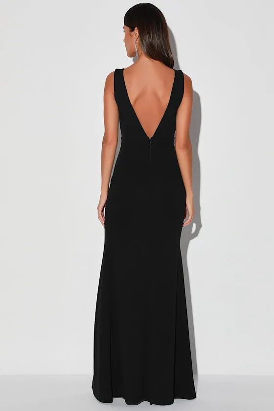 Glamorous Mermaid V-Neck Sleeveless Embellished-Trim Deep-V-Back High-Slit Floor-Length Prom Dress