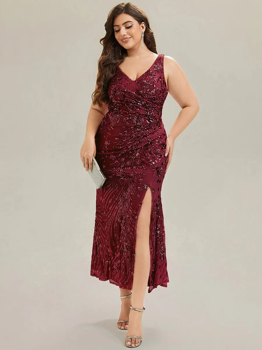 Glamorous Mermaid V-Neck Sleeveless Zipper Back Midi-Length Plus Size Dresses