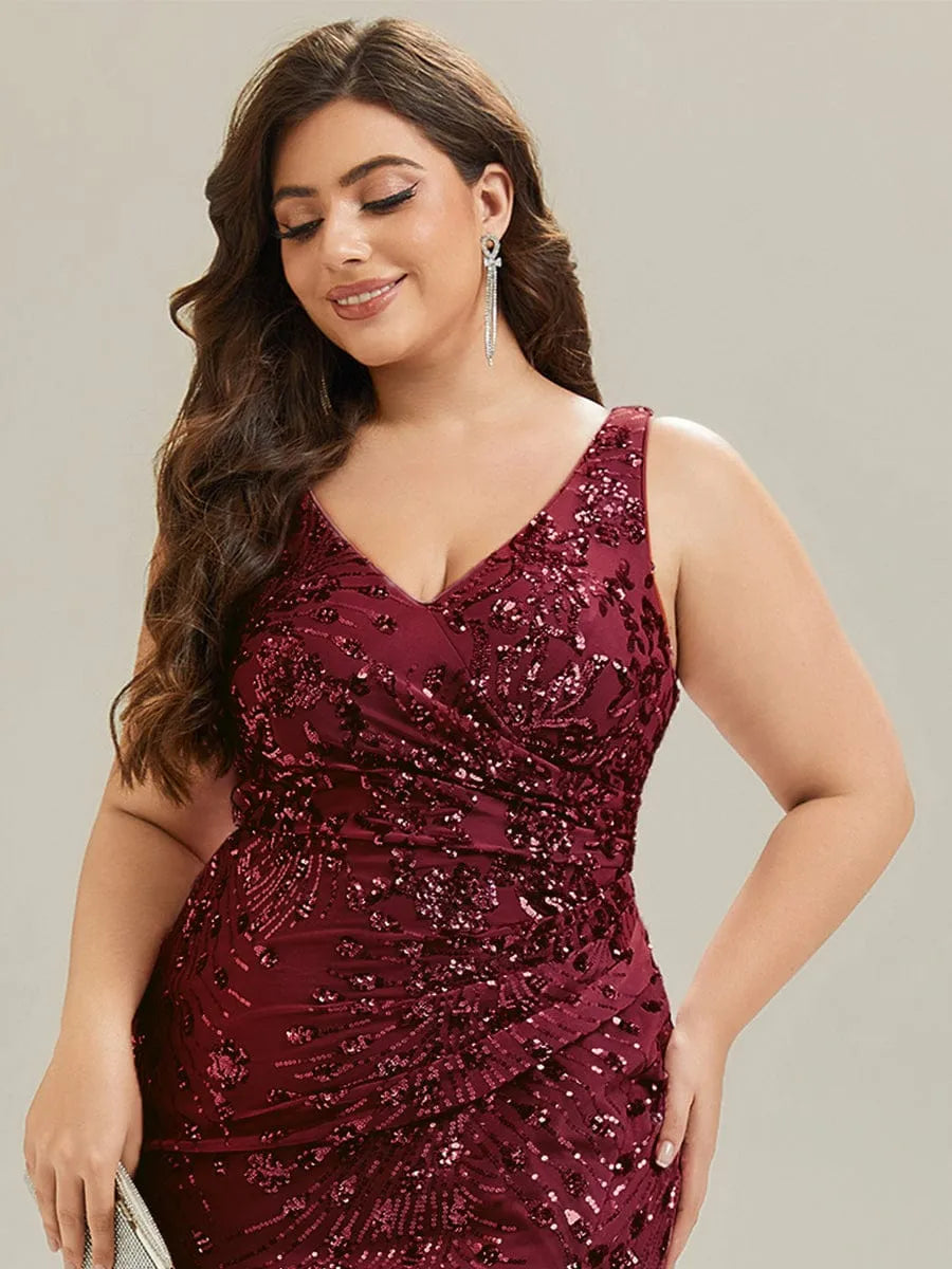Glamorous Mermaid V-Neck Sleeveless Zipper Back Midi-Length Plus Size Dresses