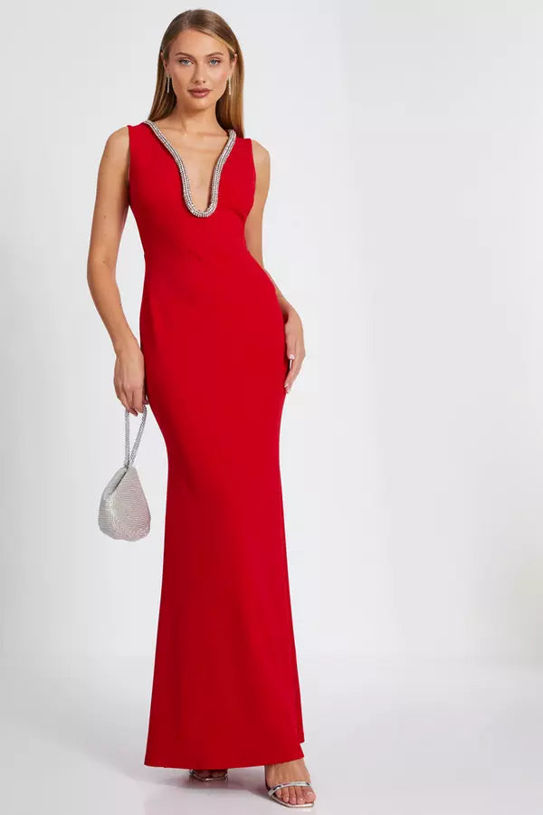 Glamorous Mermaid V Neck Sleeveless Beaded Back Floor Length Formal Prom Dresses