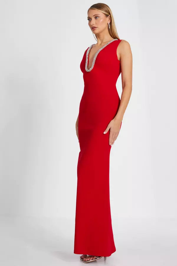 Glamorous Mermaid V Neck Sleeveless Beaded Back Floor Length Formal Prom Dresses
