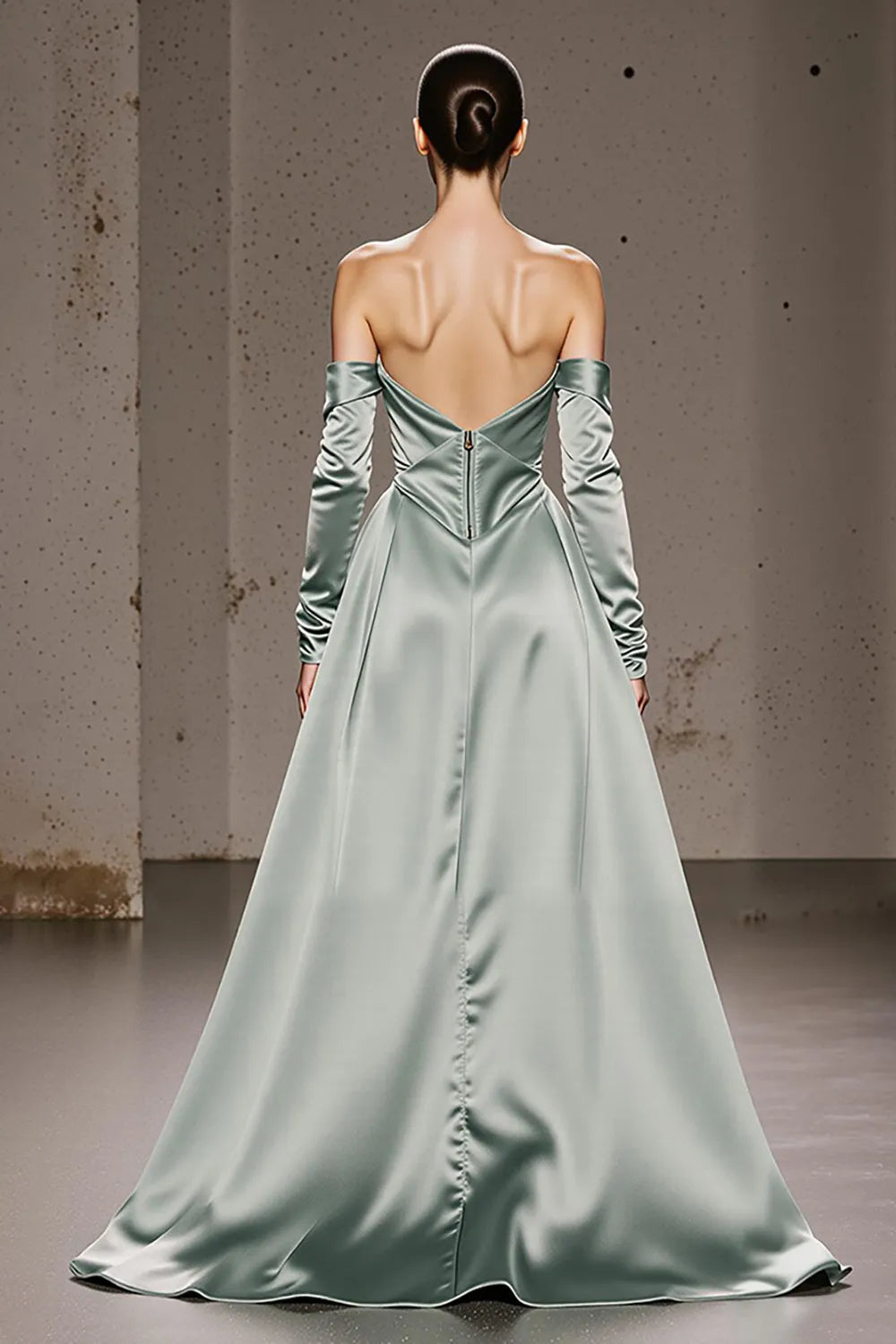 Glamorous Mint Green A-Line Off the Shoulder Long Sleeve Open-Back Back Zip Floor-Length Prom Dresses