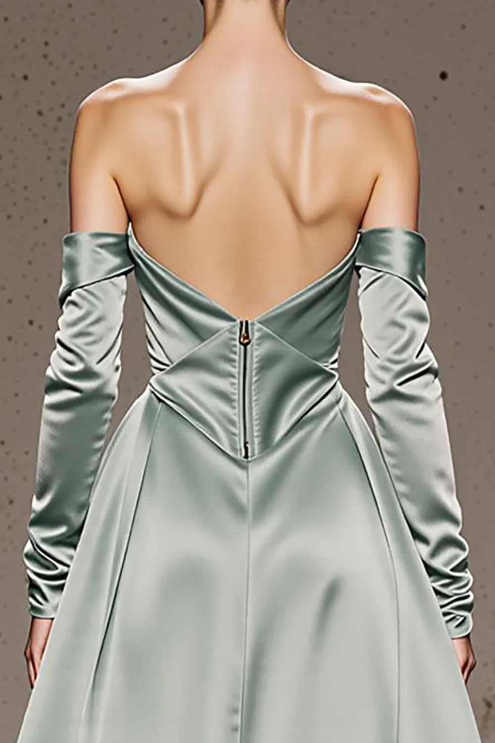 Glamorous Mint Green A-Line Off the Shoulder Long Sleeve Open-Back Back Zip Floor-Length Prom Dresses