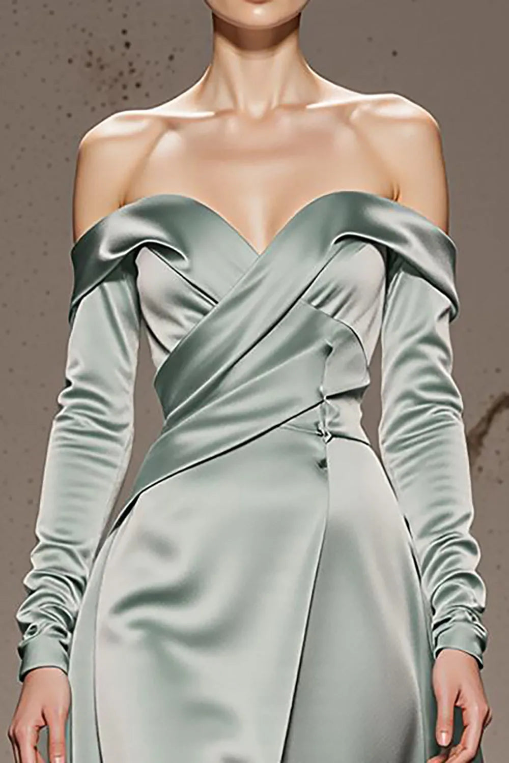 Glamorous Mint Green A-Line Off the Shoulder Long Sleeve Open-Back Back Zip Floor-Length Prom Dresses