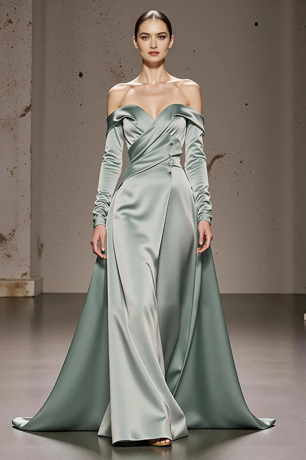 Glamorous Mint Green A-Line Off the Shoulder Long Sleeve Open-Back Back Zip Floor-Length Prom Dresses