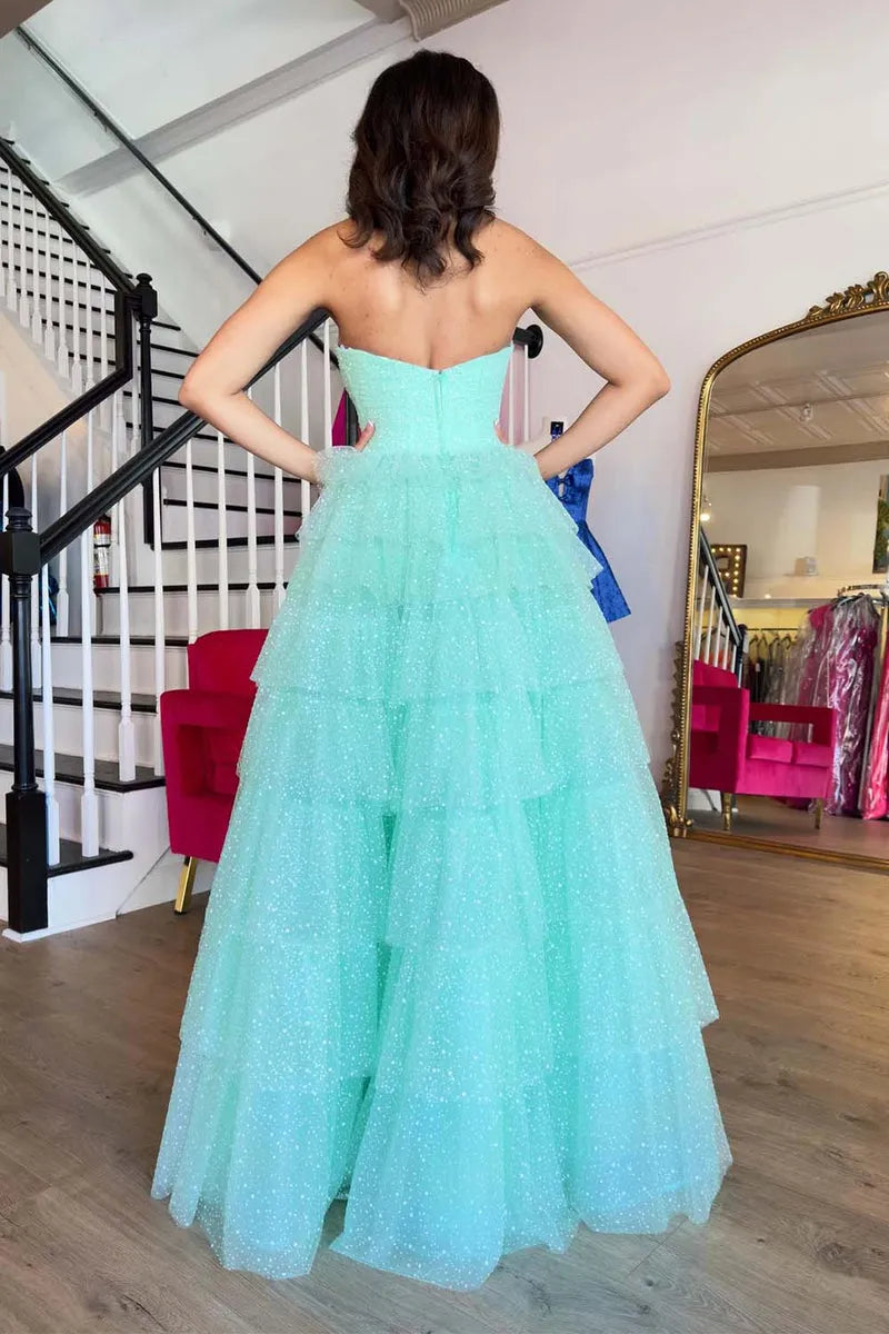 Glamorous Mint Green A-Line Strapless Sparkle Sleeveless Tiered Tulle Back Zip Floor-Length Prom Dresses Hot Sale