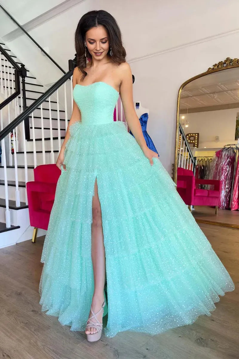 Glamorous Mint Green A-Line Strapless Sparkle Sleeveless Tiered Tulle Back Zip Floor-Length Prom Dresses Hot Sale