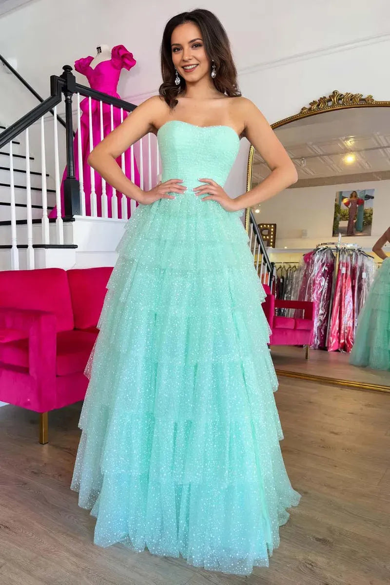 Glamorous Mint Green A-Line Strapless Sparkle Sleeveless Tiered Tulle Back Zip Floor-Length Prom Dresses Hot Sale