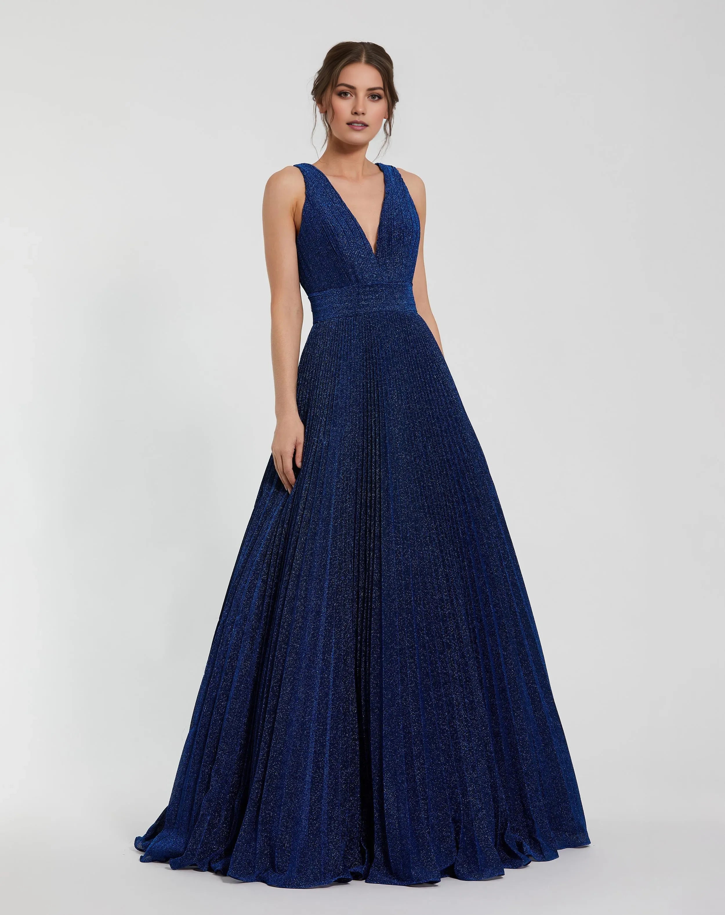Glamorous Royal A-Line Deep-V-Neck Sleeveless V-Back Back Zip Pleated Floor-Length Prom Dress