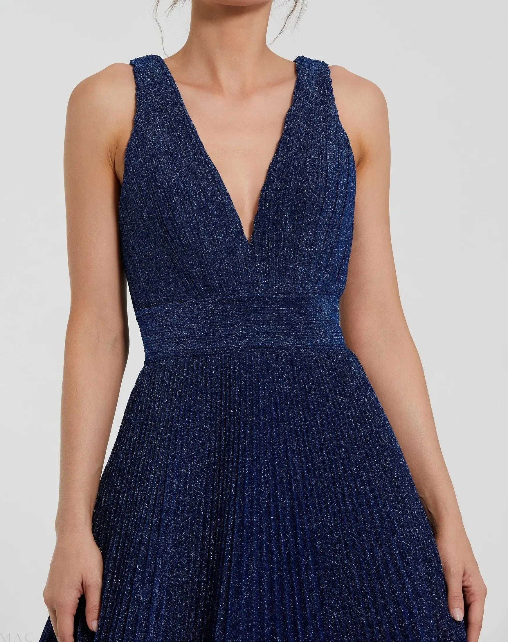 Glamorous Royal A-Line Deep-V-Neck Sleeveless V-Back Back Zip Pleated Floor-Length Prom Dress