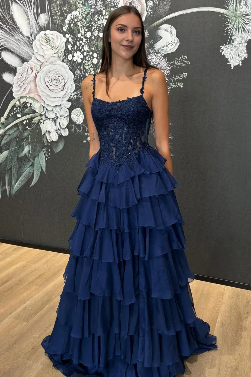 Glamorous Navy A-Line Square Neck Sleeveless Lace Tiered Ruffled Lace Up Floor-Length Prom Dress With Appliques