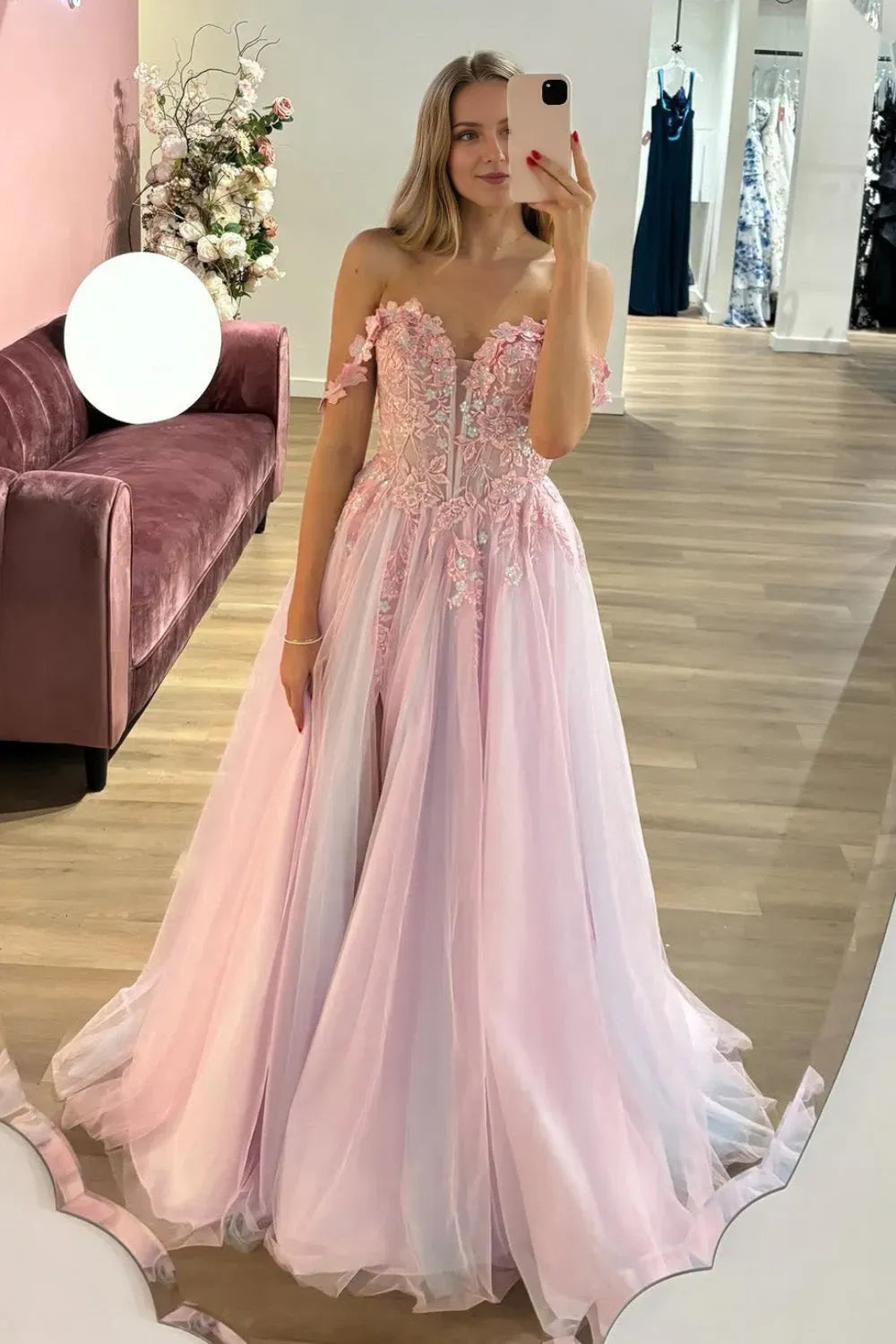 Glamorous Pink A-Line Off-Shoulder Sleeveless Floral Lace Tulle Lace Up High-Slit Floor-Length Prom Dress With Appliques