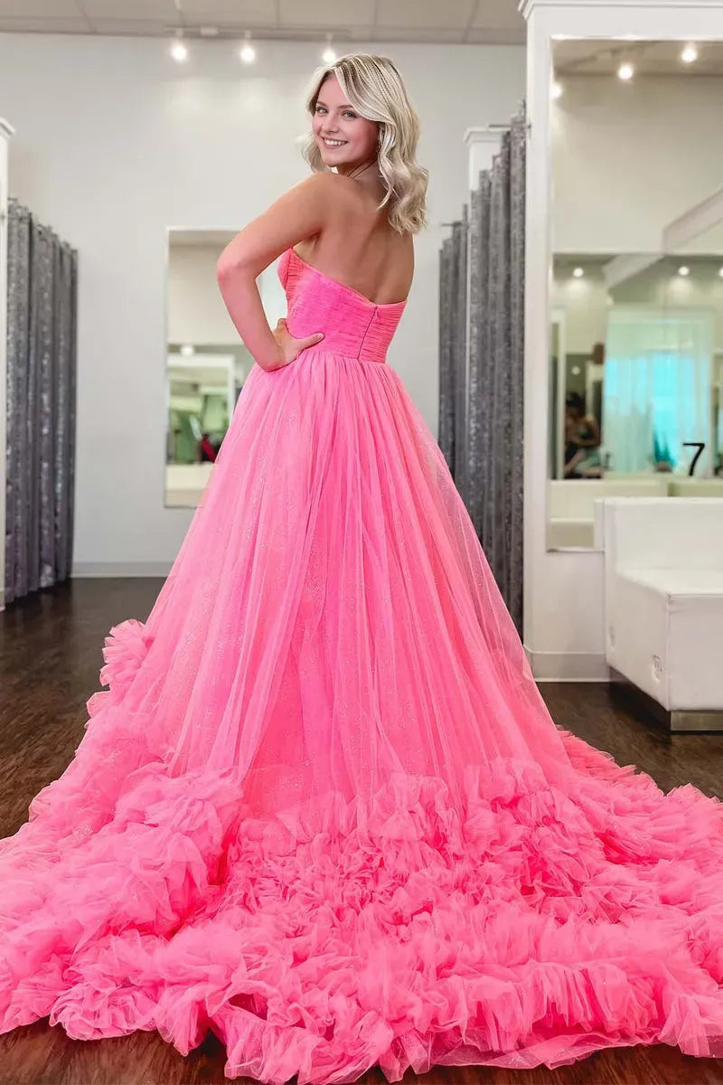 Glamorous Pink A-Line Sweetheart Neck Sleeveless Sparkle Ruffled Tulle Back Zip Floor-Length Prom Dress with Ruffle Hem