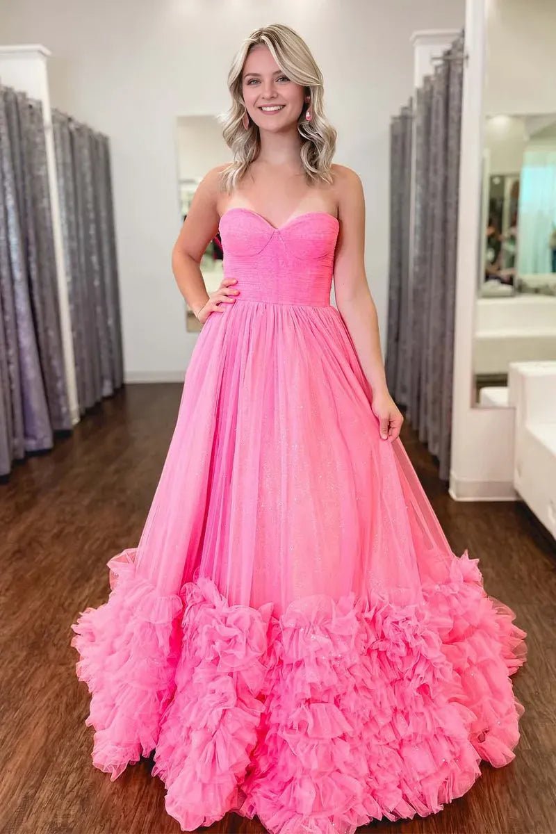Glamorous Pink A-Line Sweetheart Neck Sleeveless Sparkle Ruffled Tulle Back Zip Floor-Length Prom Dress with Ruffle Hem