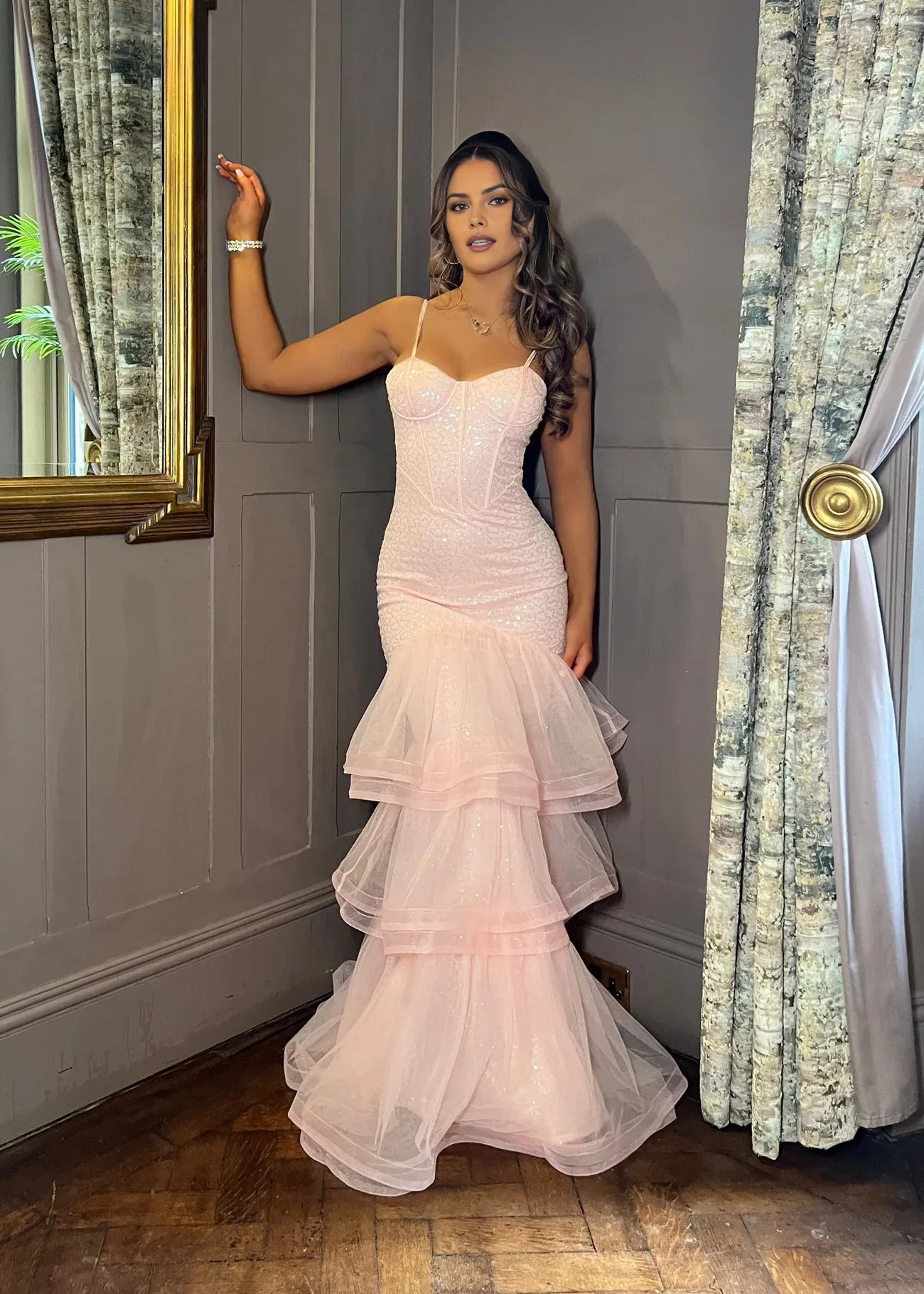 Glamorous Pink Mermaid Spaghetti Strap Sleeveless Sequin Tiered Tulle Cutout Back Floor-Length Prom Dresses