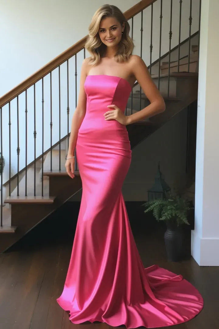 Glamorous Pink Mermaid Strapless Sleeveless Back Zip Sweep/Brush Train Prom Dress Hot Sale