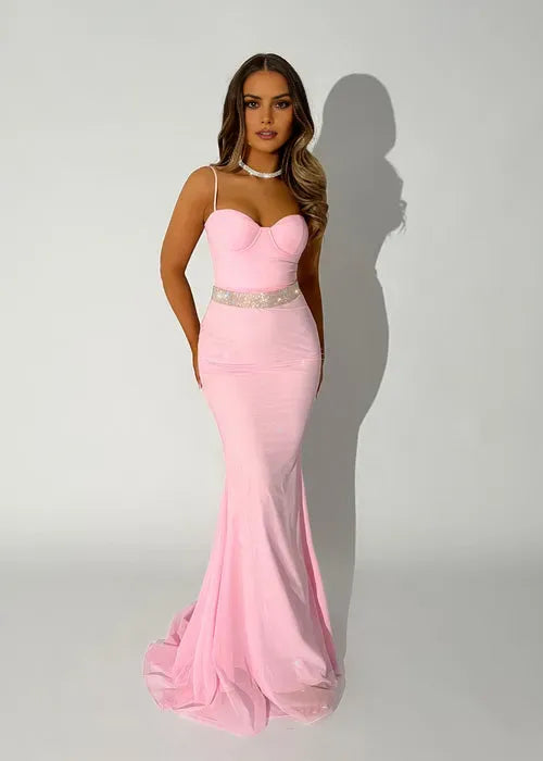 Glamorous Pink Mermaid Sweetheart Neckline Sleeveless Beaded Glitter Waist with Back Zip Floor-Length Prom Dresses