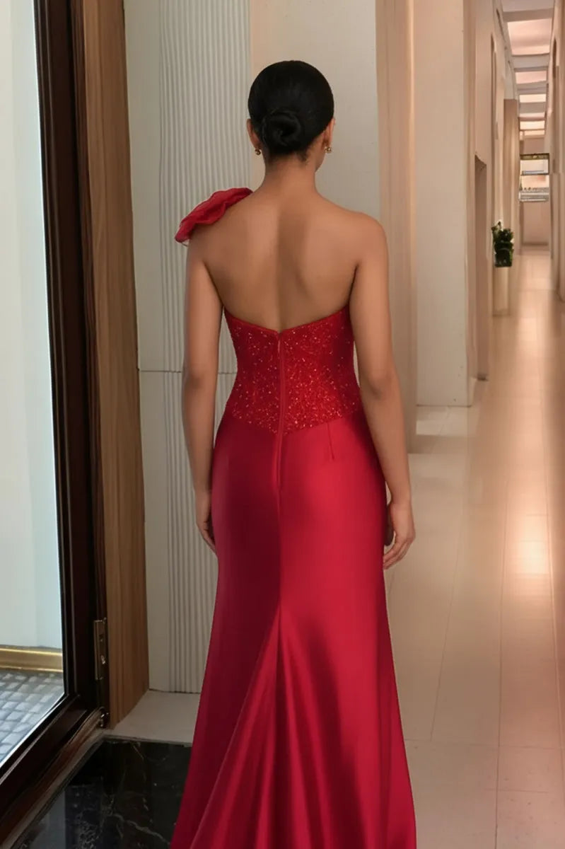 Glamorous Red Mermaid One-Shoulder Sleeveless Backless Back Zip Satin Beading Floor-Length Prom Dress  with Slit
