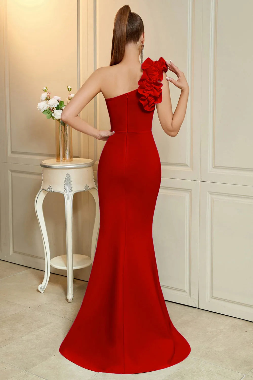 Glamorous Red Mermaid Ruffled One-Shoulder Sleeveless Back Zip Floor-Length Prom Dress with Slit for sale