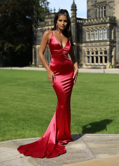 Glamorous Red Satin Mermaid Plunging V-Neck Sleeveless Ruched Open Back Floor-Length Prom Dresses Hot Sale