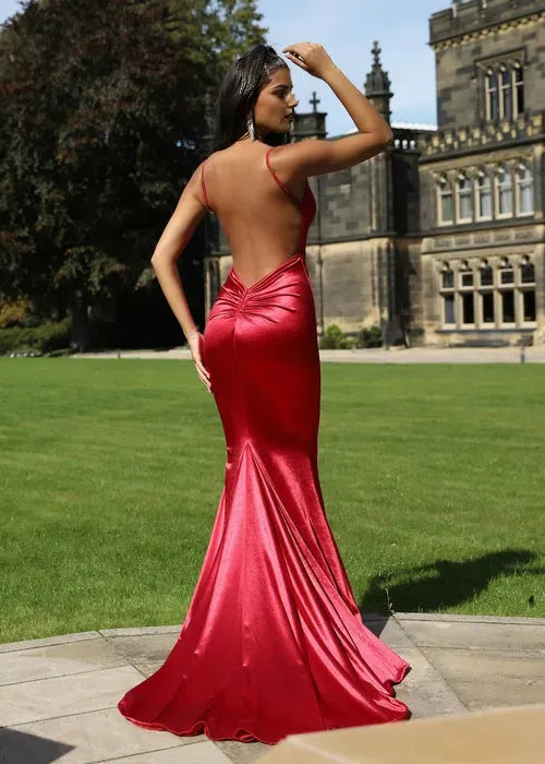 Glamorous Red Satin Mermaid Plunging V-Neck Sleeveless Ruched Open Back Floor-Length Prom Dresses Hot Sale