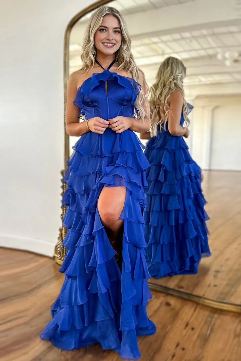 Glamorous Royal Blue A-Line Halter-Neck Sleeveless Tiered-Ruffled Back Zip Floor-Length Prom Dress with Slit