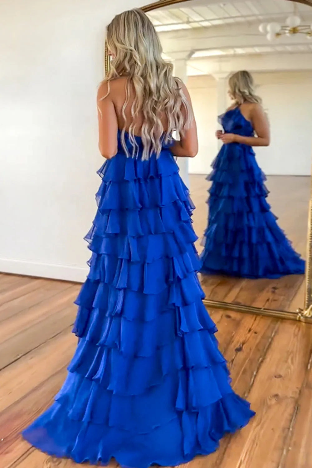 Glamorous Royal Blue A-Line Halter-Neck Sleeveless Tiered-Ruffled Back Zip Floor-Length Prom Dress with Slit