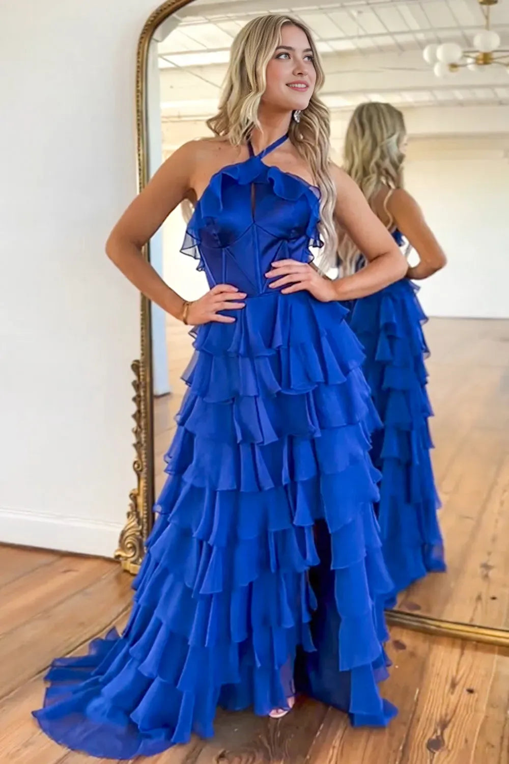 Glamorous Royal Blue A-Line Halter-Neck Sleeveless Tiered-Ruffled Back Zip Floor-Length Prom Dress with Slit