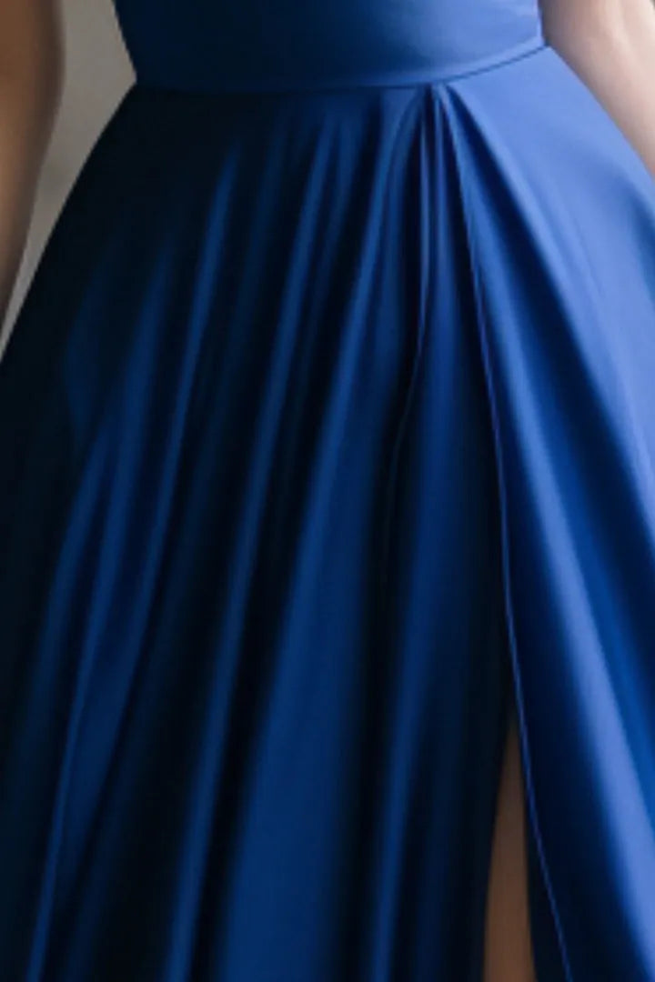 Glamorous Royal Blue A-Line Halter Neck Sleeveless Lace Up Floor-Length Prom Dress with Slit