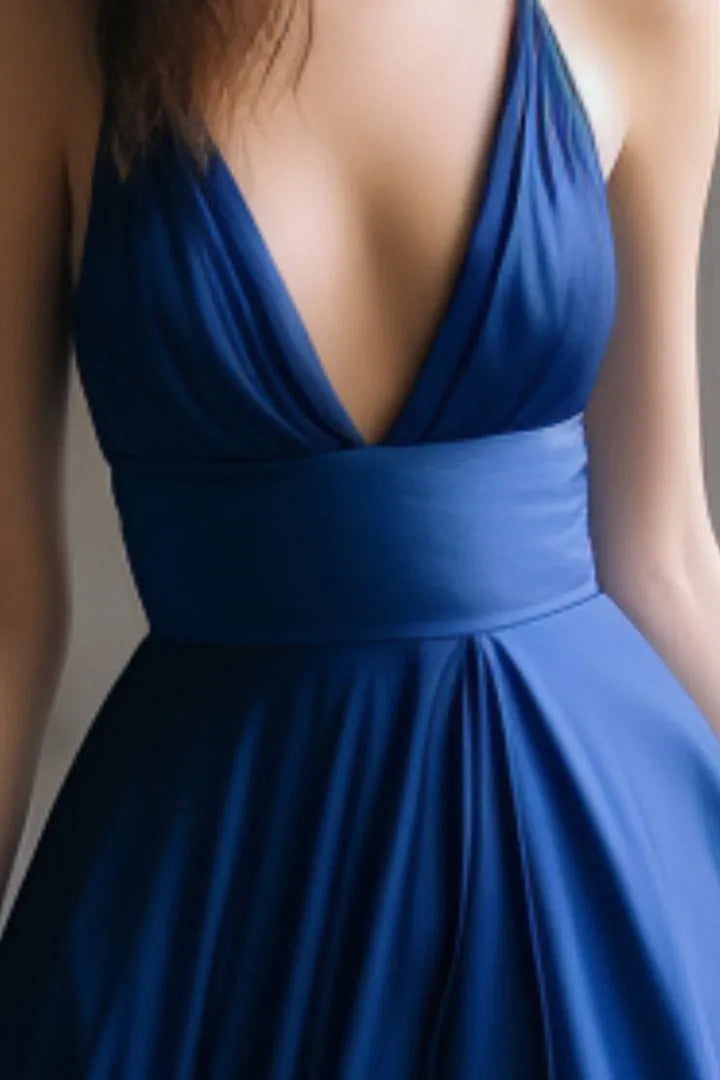 Glamorous Royal Blue A-Line Halter Neck Sleeveless Lace Up Floor-Length Prom Dress with Slit