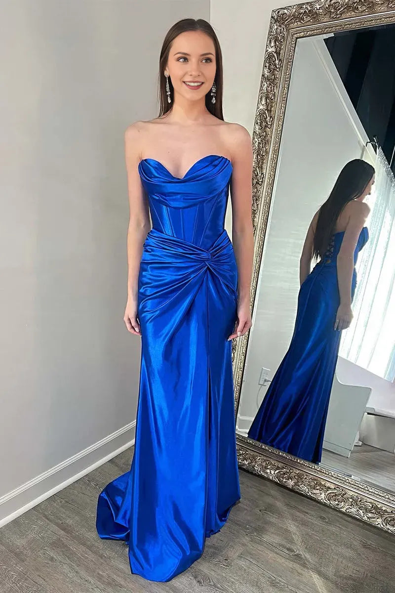 Glamorous Royal Blue Mermaid Cowl Neck Sleeveless Ruched Satin Lace-Up Back Floor-Length Prom Dress with Slit
