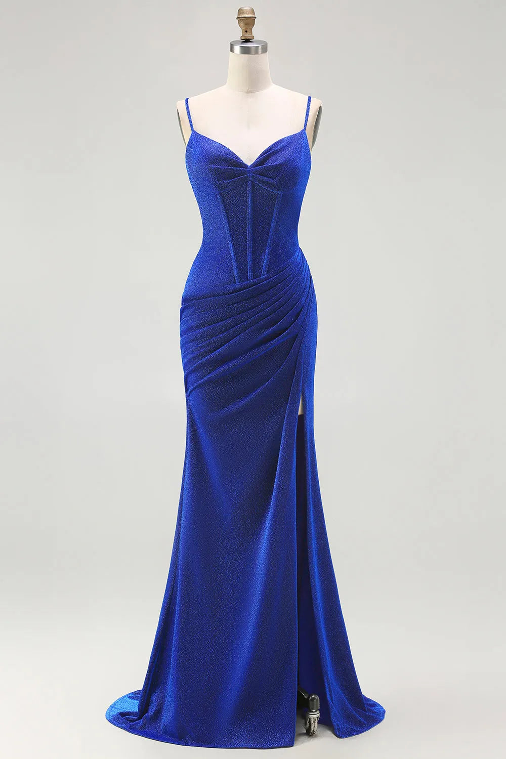 Glamorous Royal Blue Mermaid Spaghetti Strap Sleeveless Lace-Up Back Floor-Length Glitter  Prom Dress with Slit