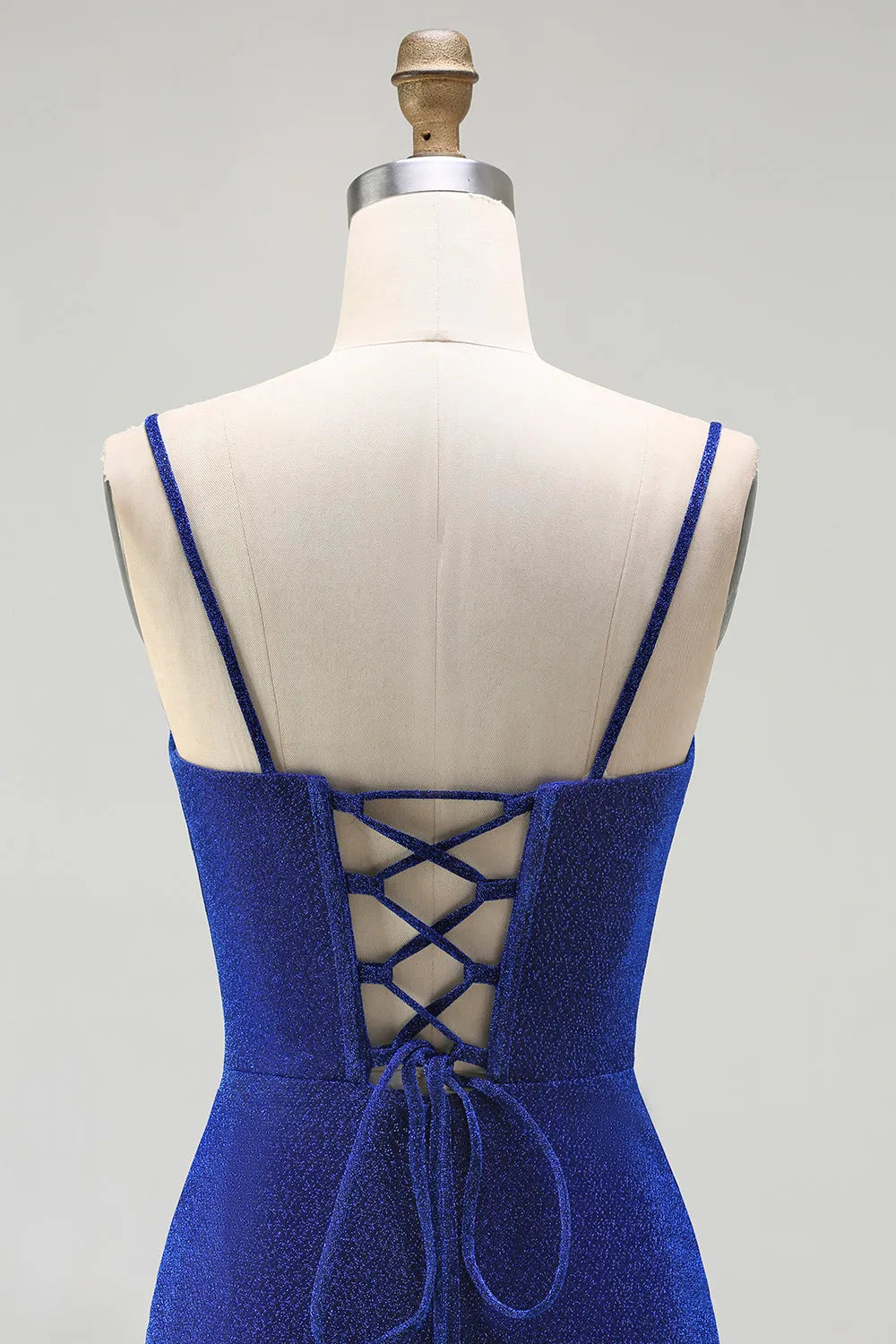 Glamorous Royal Blue Mermaid Spaghetti Strap Sleeveless Lace-Up Back Floor-Length Glitter  Prom Dress with Slit