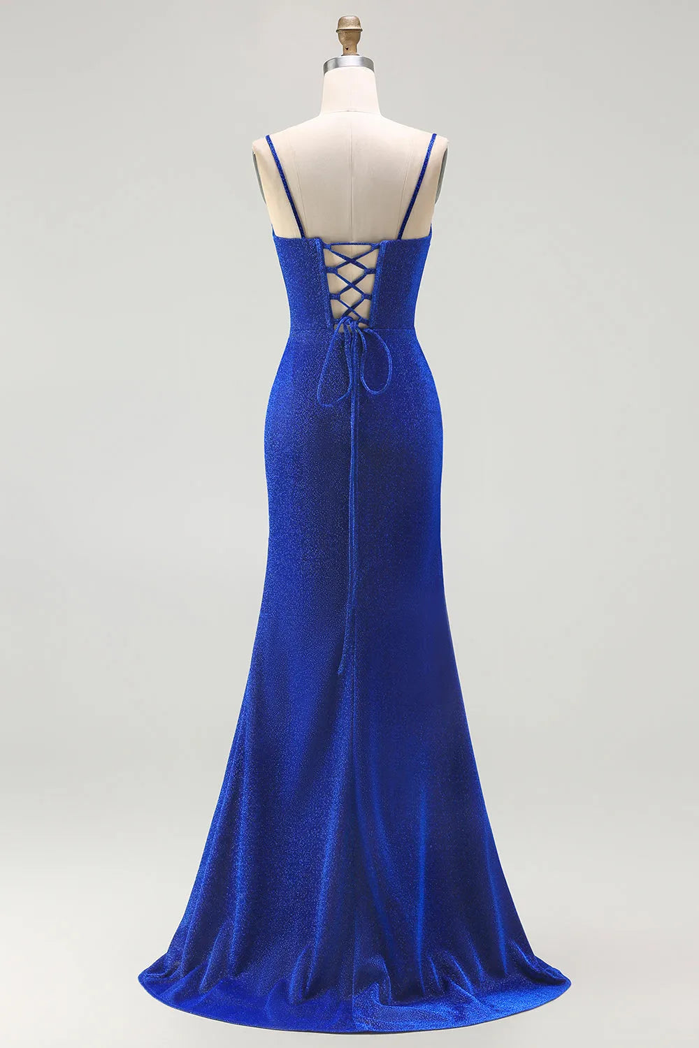 Glamorous Royal Blue Mermaid Spaghetti Strap Sleeveless Lace-Up Back Floor-Length Glitter  Prom Dress with Slit