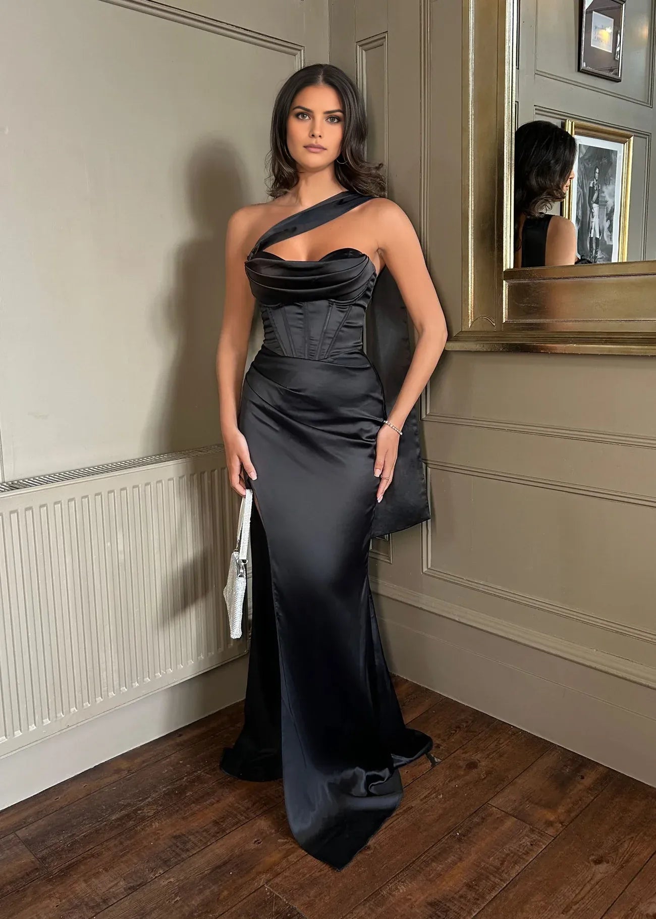 Glamorous Sheath Black One-Shoulder Sleeveless Corset Bodice High-Slit Floor-Length Dramatic Sash Prom Dresses