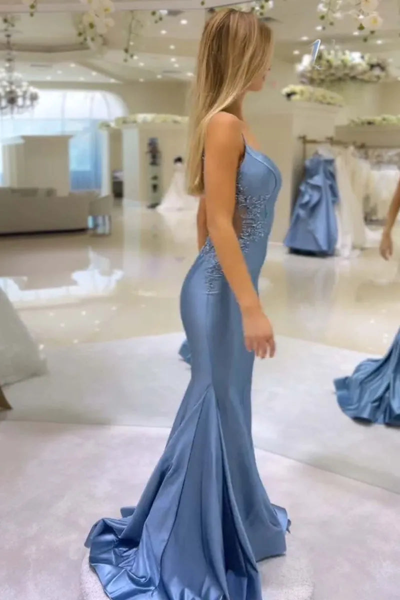 Glamorous Sheath Blue Plunging V-Neck Sleeveless Lace Back Zip Floor-Length Prom Dress with Appliques