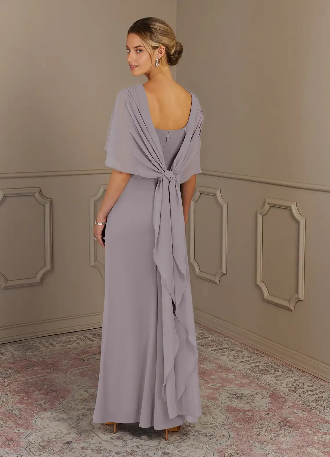 Glamorous Sheath Boat-Neck Cape-Sleeve Ruffles Back Back Zip Floor-Length Mother of the Bride Dress for female guests Hot Sale