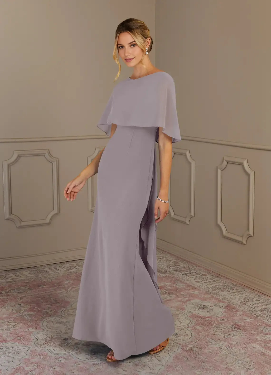 Glamorous Sheath Boat-Neck Cape-Sleeve Ruffles Back Back Zip Floor-Length Mother of the Bride Dress for female guests Hot Sale