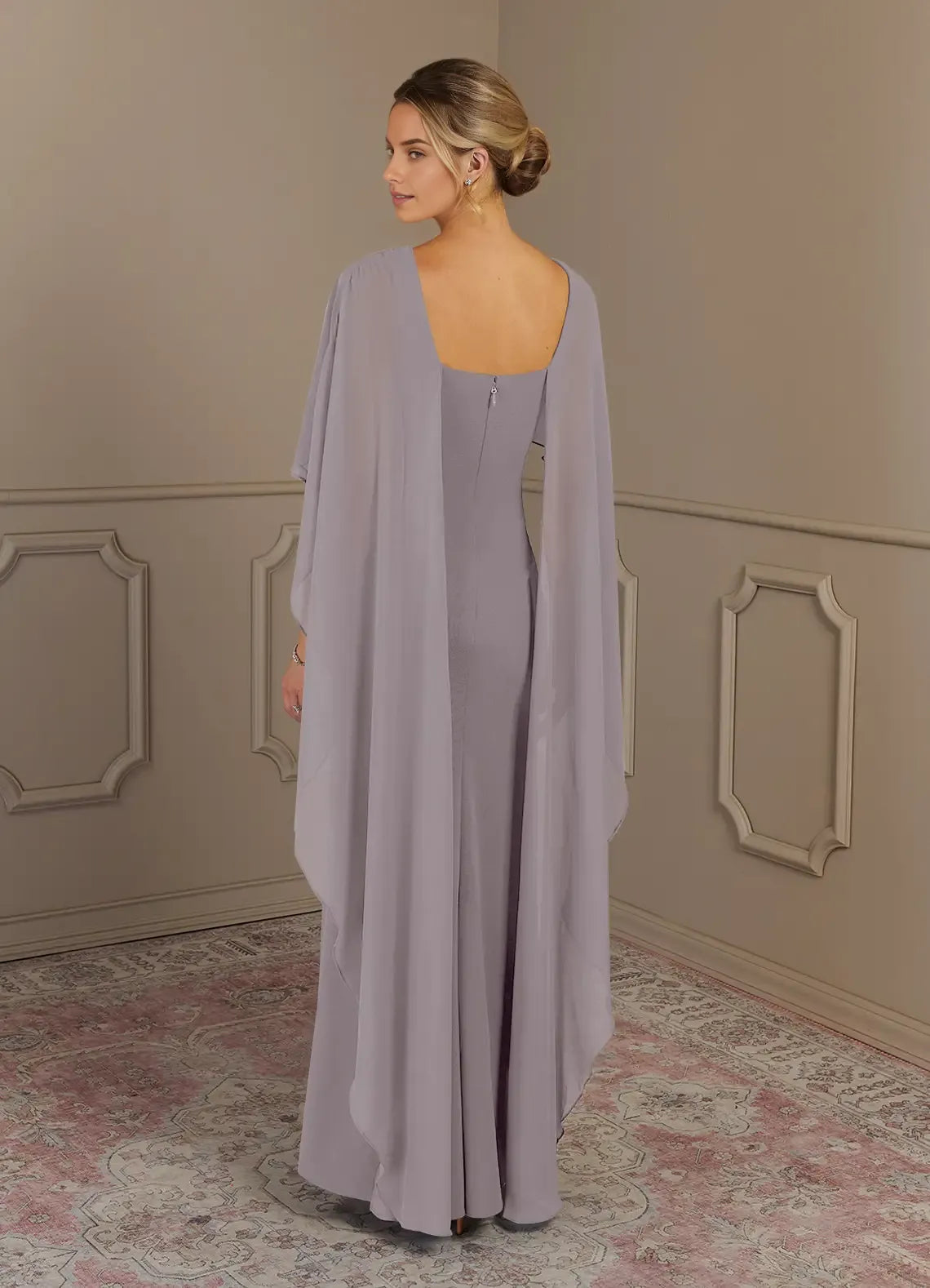 Glamorous Sheath Boat-Neck Cape-Sleeve Ruffles Back Back Zip Floor-Length Mother of the Bride Dress for female guests Hot Sale